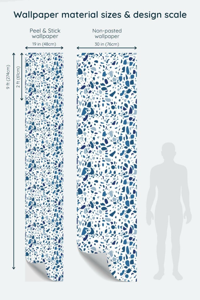 Size comparison of Blue terrazzo Peel & Stick and Non-pasted wallpapers with design scale relative to human figure