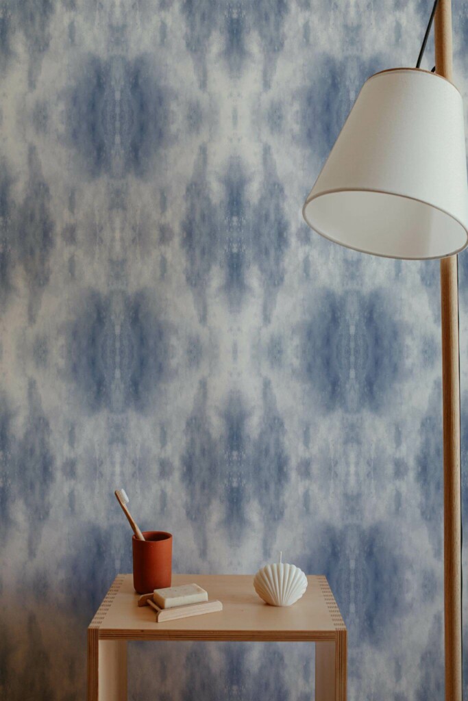 Minimal style bathroom decorated with Blue tie dye peel and stick wallpaper