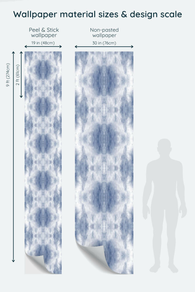 Size comparison of Blue tie-dye Peel & Stick and Non-pasted wallpapers with design scale relative to human figure