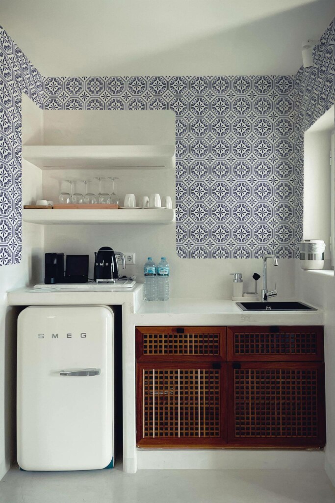 Rustic minimal style kitchen decorated with Blue tile pattern peel and stick wallpaper