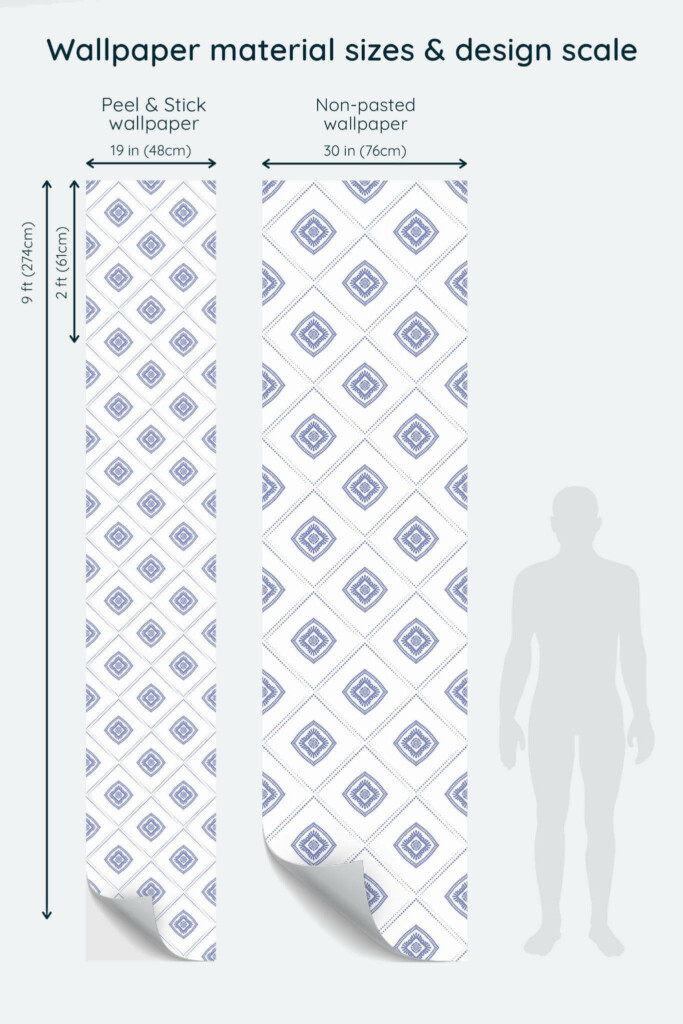 Size comparison of Blue tile Peel & Stick and Non-pasted wallpapers with design scale relative to human figure