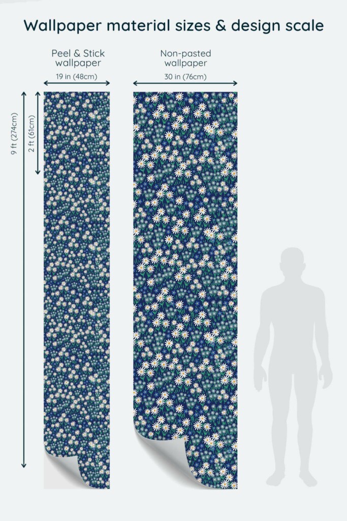 Size comparison of Blue Tiny Flowers Peel & Stick and Non-pasted wallpapers with design scale relative to human figure