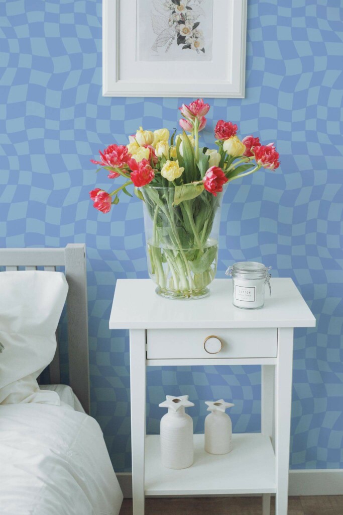 Farmhouse style bedroom decorated with Blue trippy grid peel and stick wallpaper
