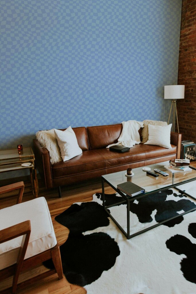 Mid-century modern style living room decorated with Blue trippy grid peel and stick wallpaper