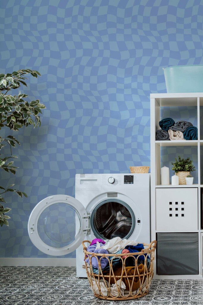 Minimal scandinavian style laundry room decorated with Blue trippy grid peel and stick wallpaper