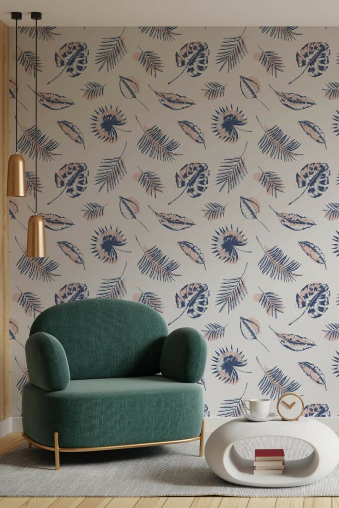 Contemporary style living room decorated with Blue tropical leaf peel and stick wallpaper