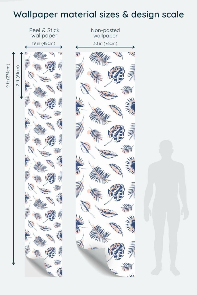 Size comparison of Blue tropical leaf Peel & Stick and Non-pasted wallpapers with design scale relative to human figure