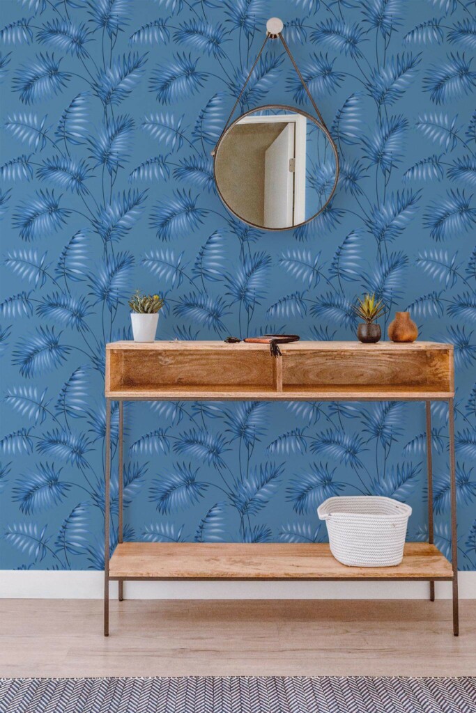 Contemporary style entryway decorated with Blue tropical leaves peel and stick wallpaper