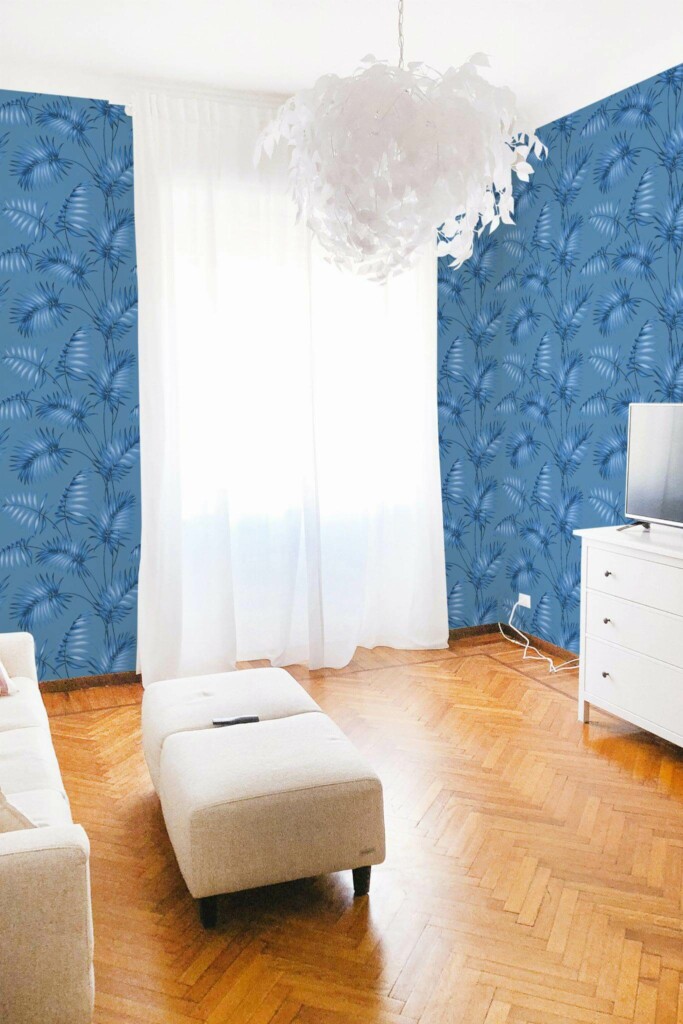 Modern boho style living room decorated with Blue tropical leaves peel and stick wallpaper