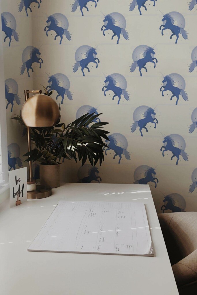 Rustic style home office decorated with Blue unicorn peel and stick wallpaper