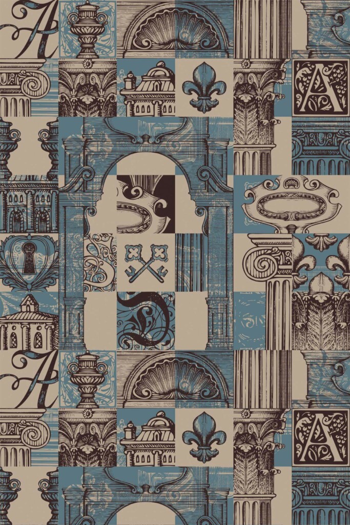 Pattern repeat of Blue vintage architecture removable wallpaper design