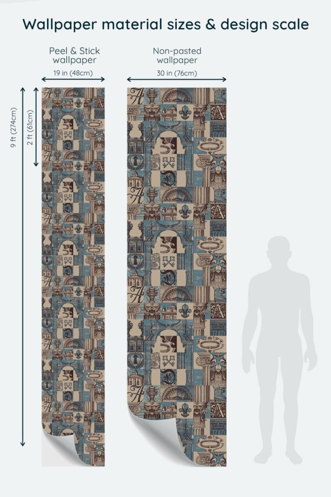Size comparison of Blue vintage architecture Peel & Stick and Non-pasted wallpapers with design scale relative to human figure