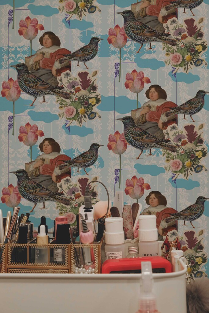 Removable wallpaper in blue damask with vintage touches by Fancy Walls