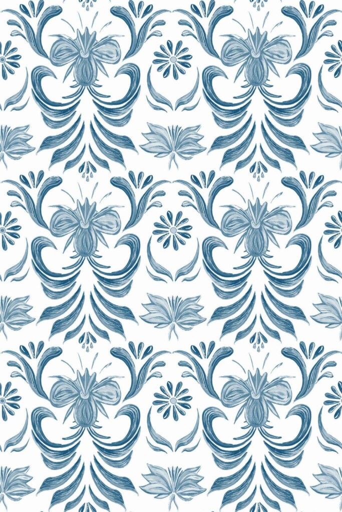 Pattern repeat of Blue vintage floral removable wallpaper design