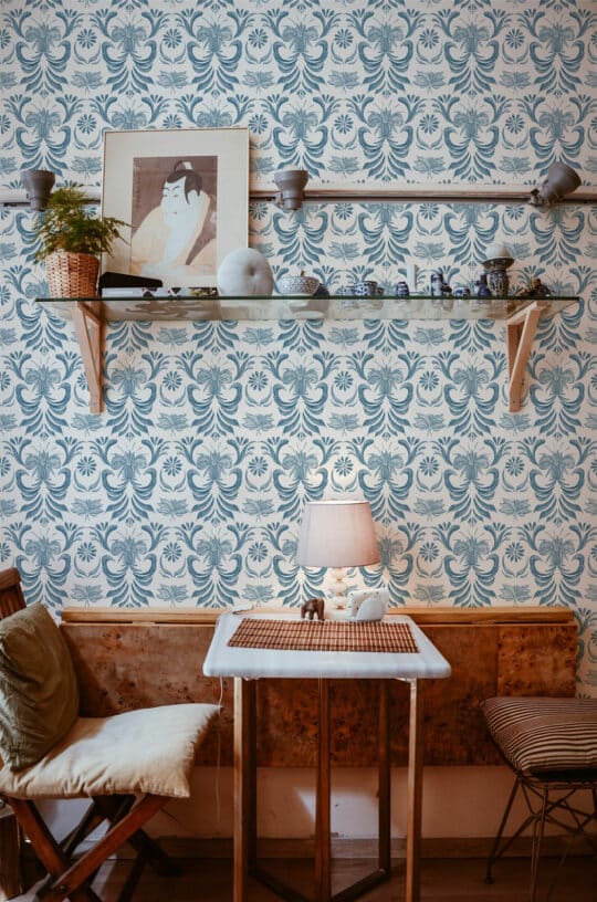 Blue vintage floral peel and stick removable wallpaper
