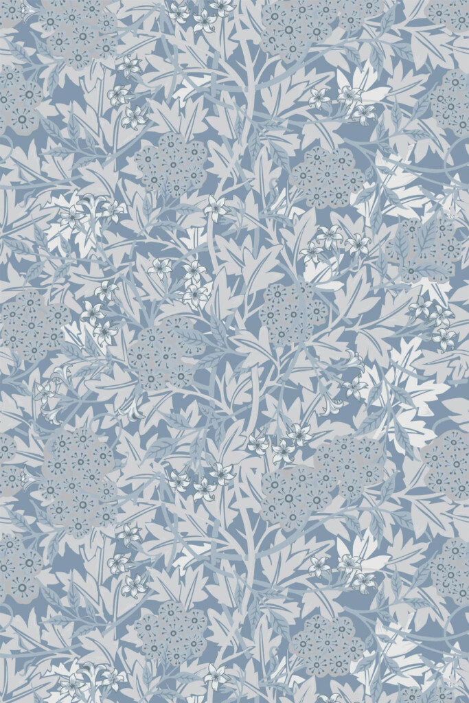 Pattern repeat of Blue vintage leaf removable wallpaper design