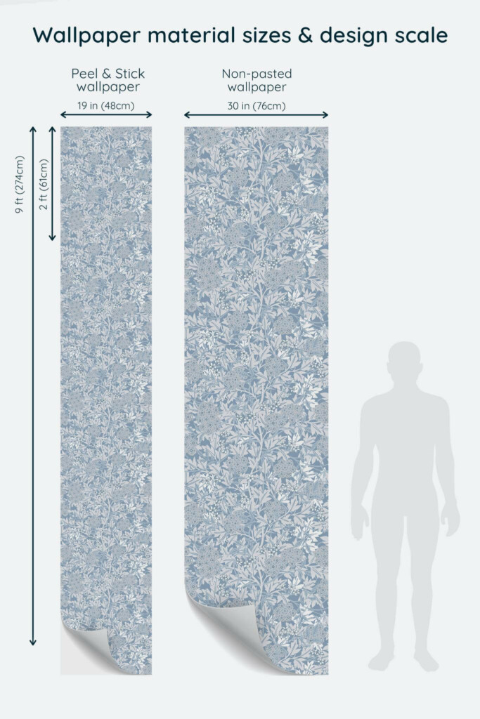 Size comparison of Blue vintage leaf Peel & Stick and Non-pasted wallpapers with design scale relative to human figure