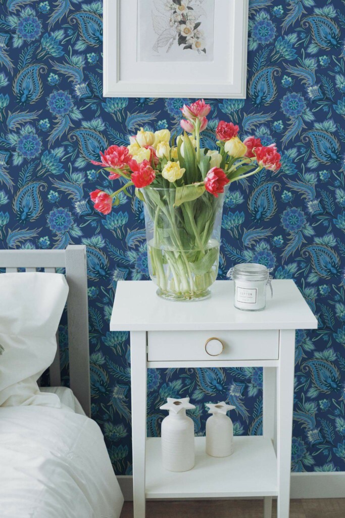 Farmhouse style bedroom decorated with Blue vintage paisley peel and stick wallpaper