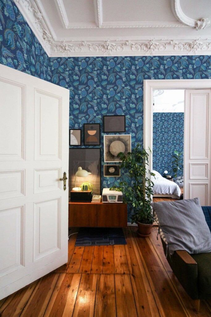 Mid-century modern luxury style living room and bedroom decorated with Blue vintage paisley peel and stick wallpaper