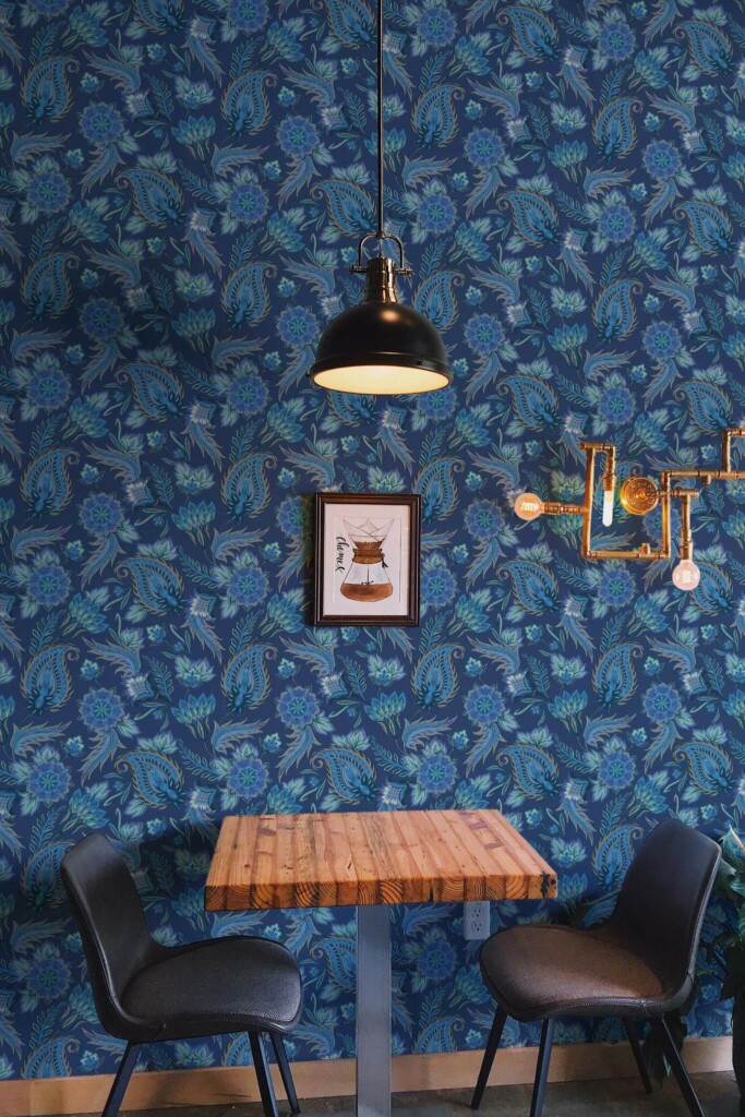 Rustic farmhouse style dining room decorated with Blue vintage paisley peel and stick wallpaper