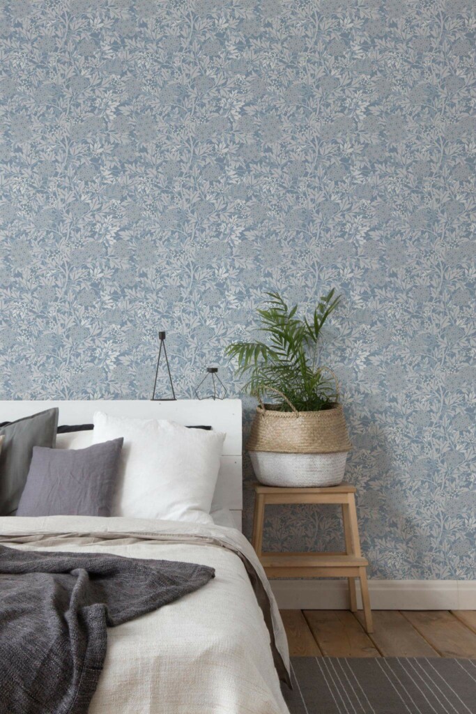 Scandinavian style bedroom decorated with Blue vintage peel and stick wallpaper