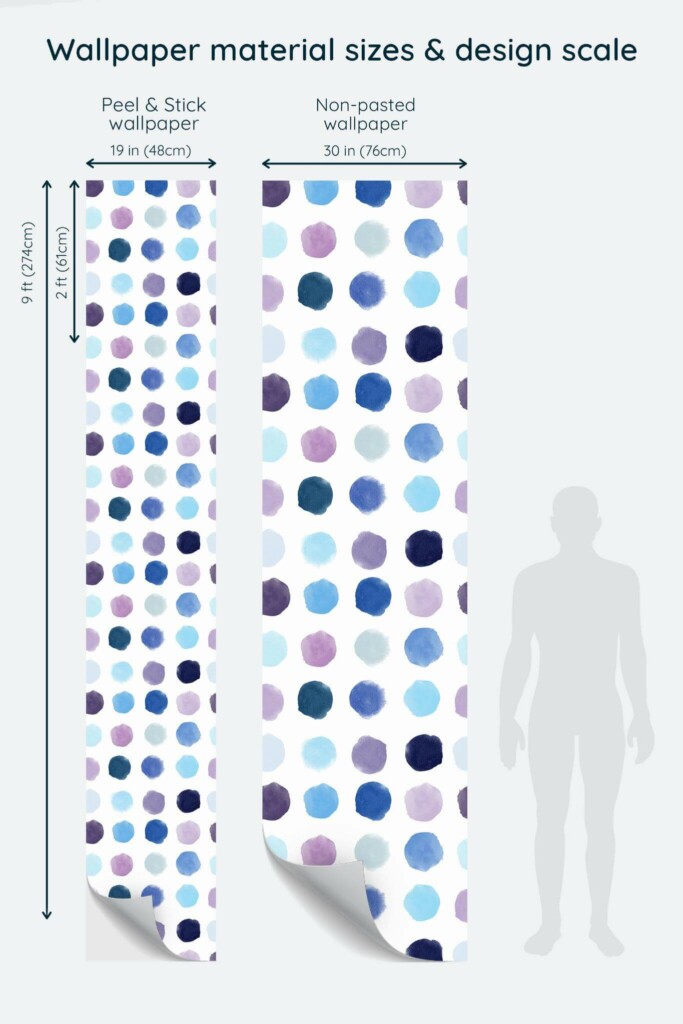 Size comparison of Blue watercolor dots Peel & Stick and Non-pasted wallpapers with design scale relative to human figure