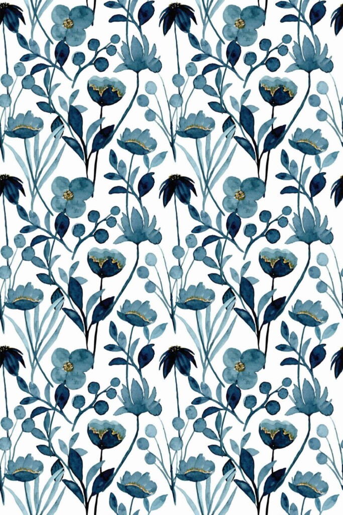 Pattern repeat of Blue watercolor floral removable wallpaper design