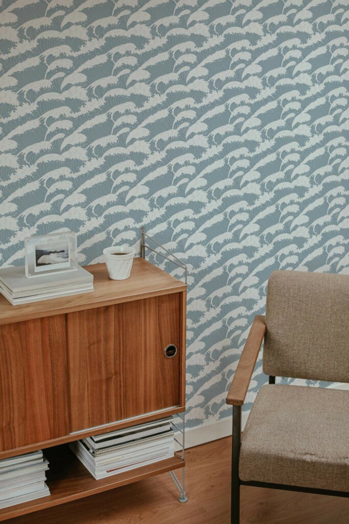 Mid-century style living room decorated with Blue wave peel and stick wallpaper