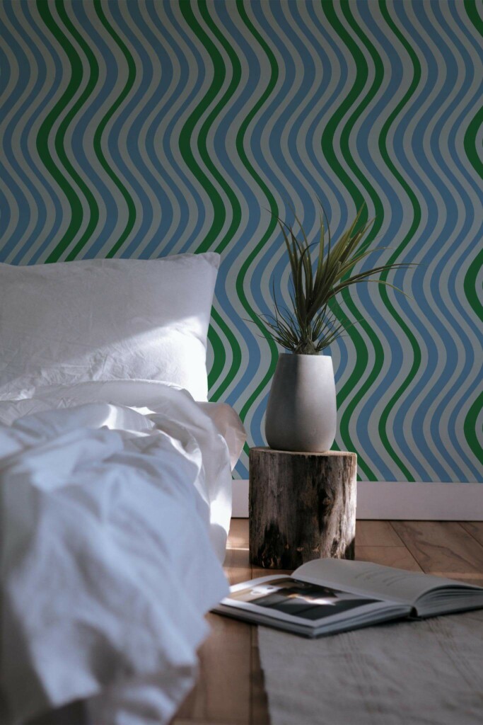 Minimal scandinavian style bedroom decorated with Blue wavy line peel and stick wallpaper
