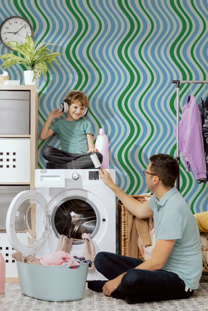 Scandinavian style laundry room decorated with Blue wavy line peel and stick wallpaper