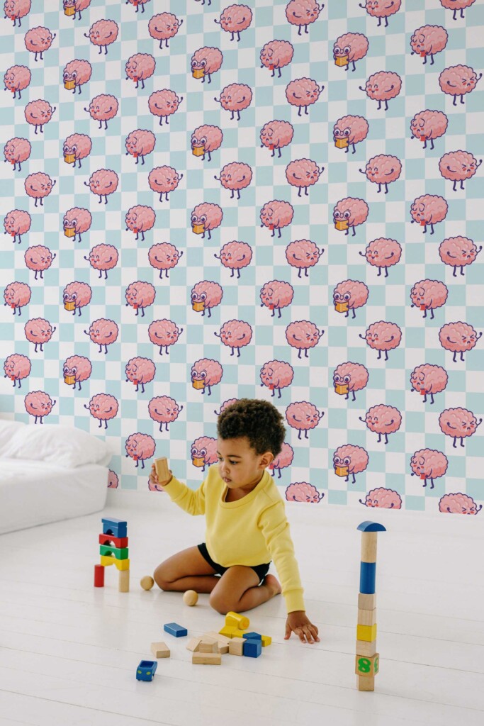 Fancy Walls Blue and white Check wallpaper for Kids room walls in Cute Kawaii style peel and stick wallpaper.