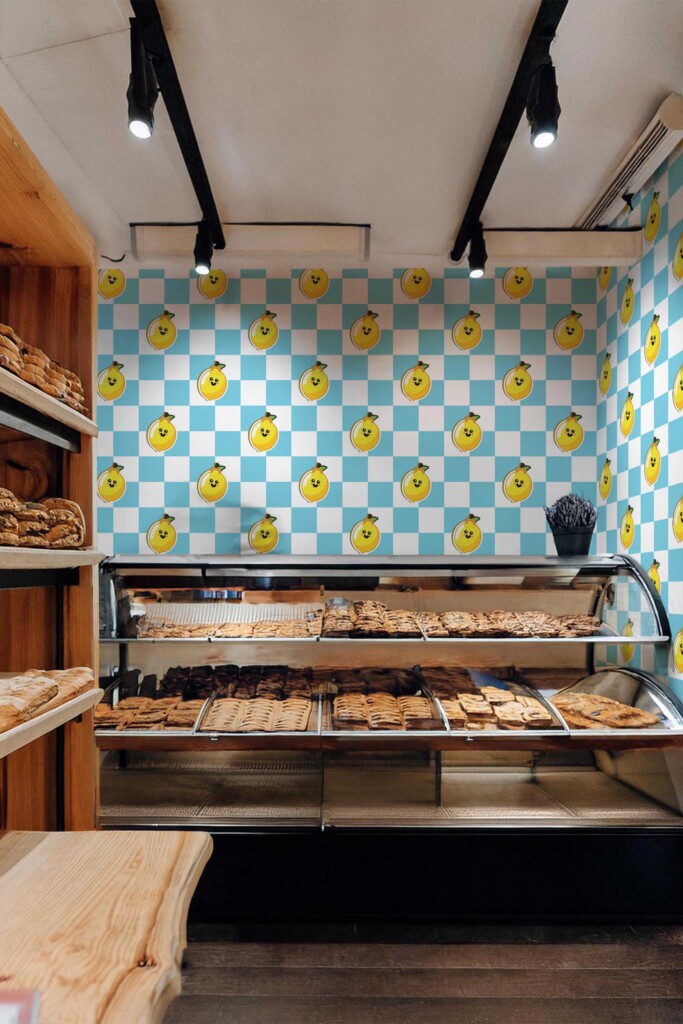 Fancy Walls Blue and white Check wallpaper for Bakery walls in Cute Kawaii style self-adhesive wallpaper.