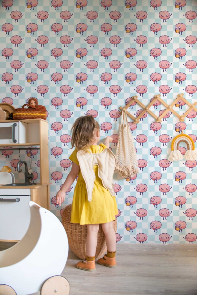 Fancy Walls Blue and white Check wallpaper for Kids room walls in Cute Kawaii style traditional wallpaper.