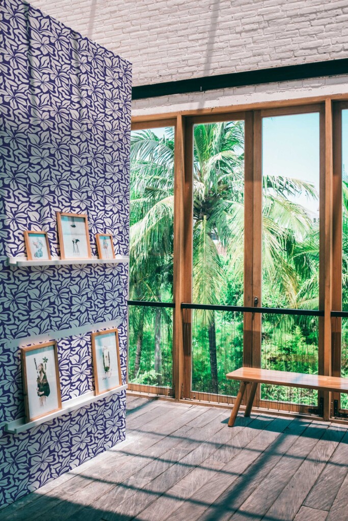 Peel and stick wallpaper with blue and white floral cutouts by Fancy Walls