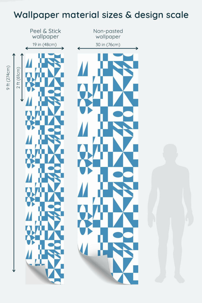 Size comparison of Blue-White Geometry Peel & Stick and Non-pasted wallpapers with design scale relative to human figure