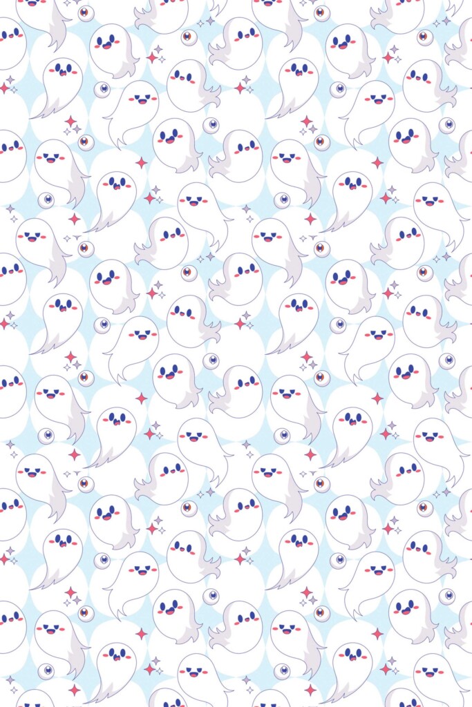 Fancy Walls Blue and white Halloween wallpaper for Kids room walls in Cute Kawaii style peel and stick wallpaper.