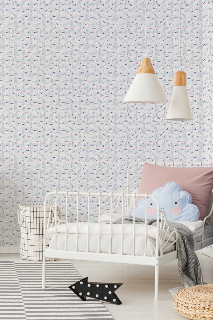 Fancy Walls Blue and white Halloween wallpaper for Kids room walls in Cute Kawaii style removable wallpaper.