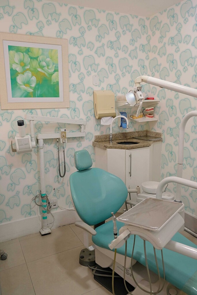 Dentist-themed peel and stick wallpaper in blue and white by Fancy Walls. Whimsical Minty Tooth wallpaper removable or non-pasted