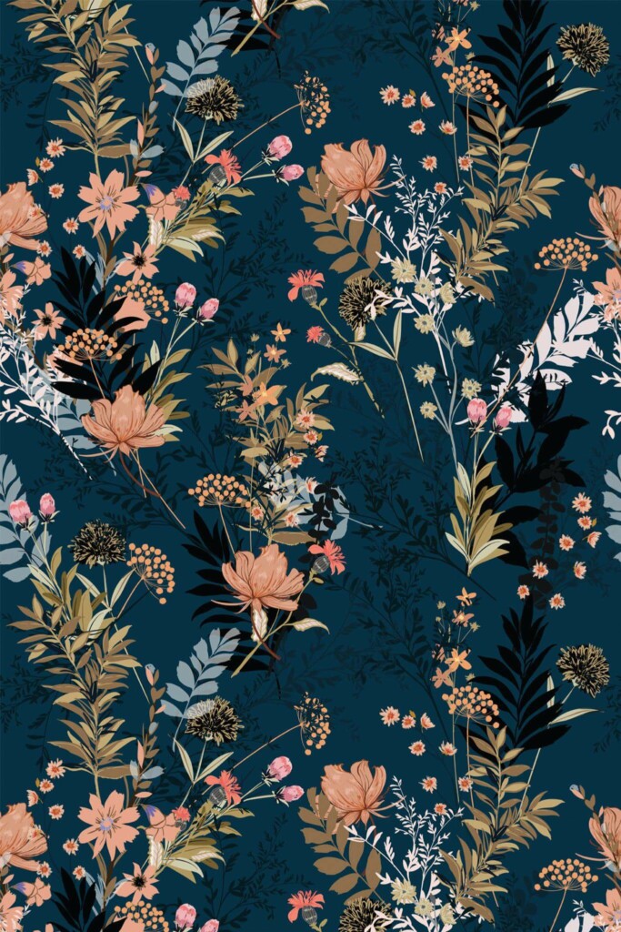 Pattern repeat of Blue wild flower removable wallpaper design