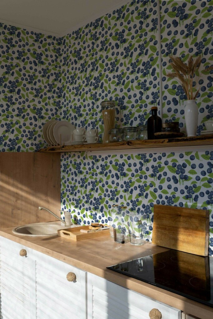 Minimal bohemian style kitchen decorated with Blueberry peel and stick wallpaper