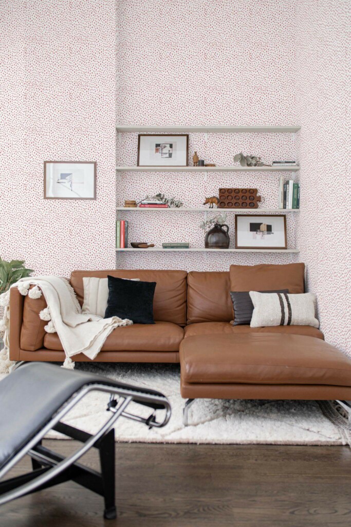 Mid-century modern style dining room decorated with Blush dotted peel and stick wallpaper