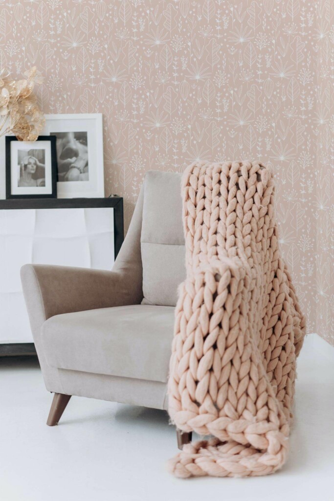 Boho style living room decorated with Blush nursery boho peel and stick wallpaper
