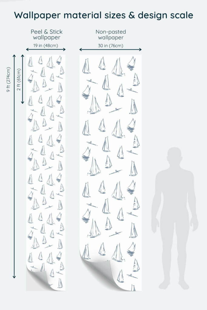 Size comparison of Boat Peel & Stick and Non-pasted wallpapers with design scale relative to human figure