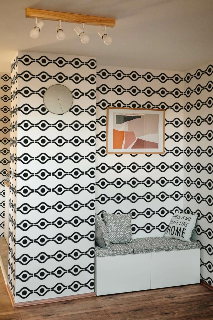 Scandinavian style entryway decorated with Boho abstract eye peel and stick wallpaper