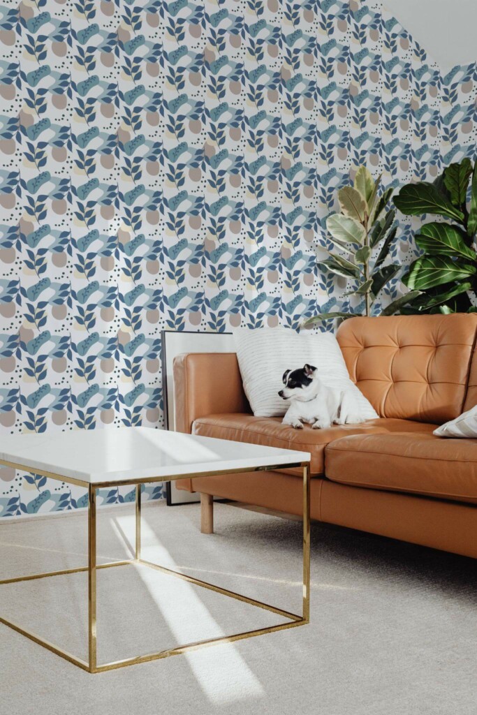 Mid-century modern style living room with dog on a sofa decorated with Boho abstract peel and stick wallpaper