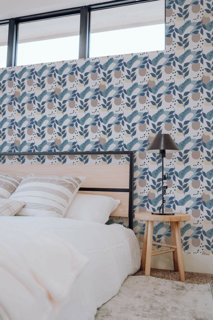 Scandinavian style bedroom decorated with Boho abstract peel and stick wallpaper