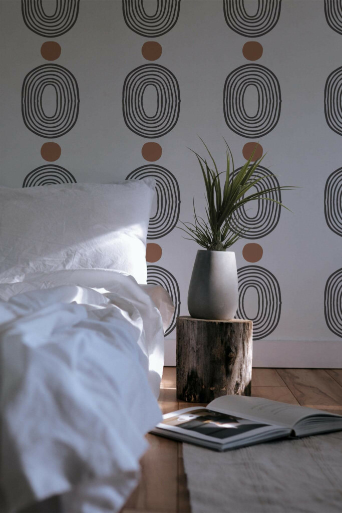 Minimal scandinavian style bedroom decorated with Boho abstract shapes peel and stick wallpaper