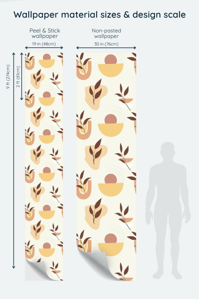 Size comparison of Boho abstract Peel & Stick and Non-pasted wallpapers with design scale relative to human figure