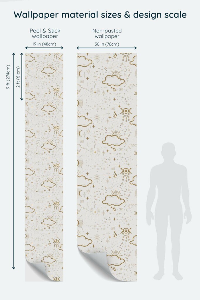 Size comparison of Boho astrology Peel & Stick and Non-pasted wallpapers with design scale relative to human figure