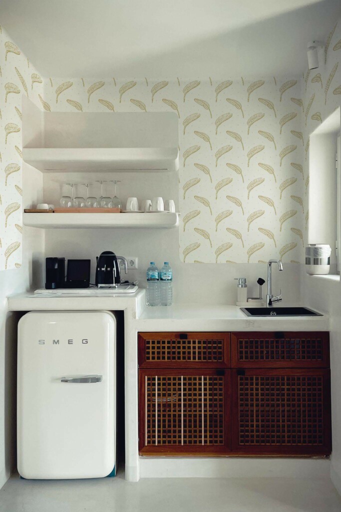 Rustic minimal style kitchen decorated with Boho beige leaf peel and stick wallpaper